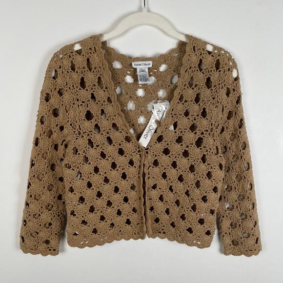 Vintage Andre Oliver Cotton Metallic Crochet Cardigan Sweater Light Brown V-Neck - Picture 1 of 16